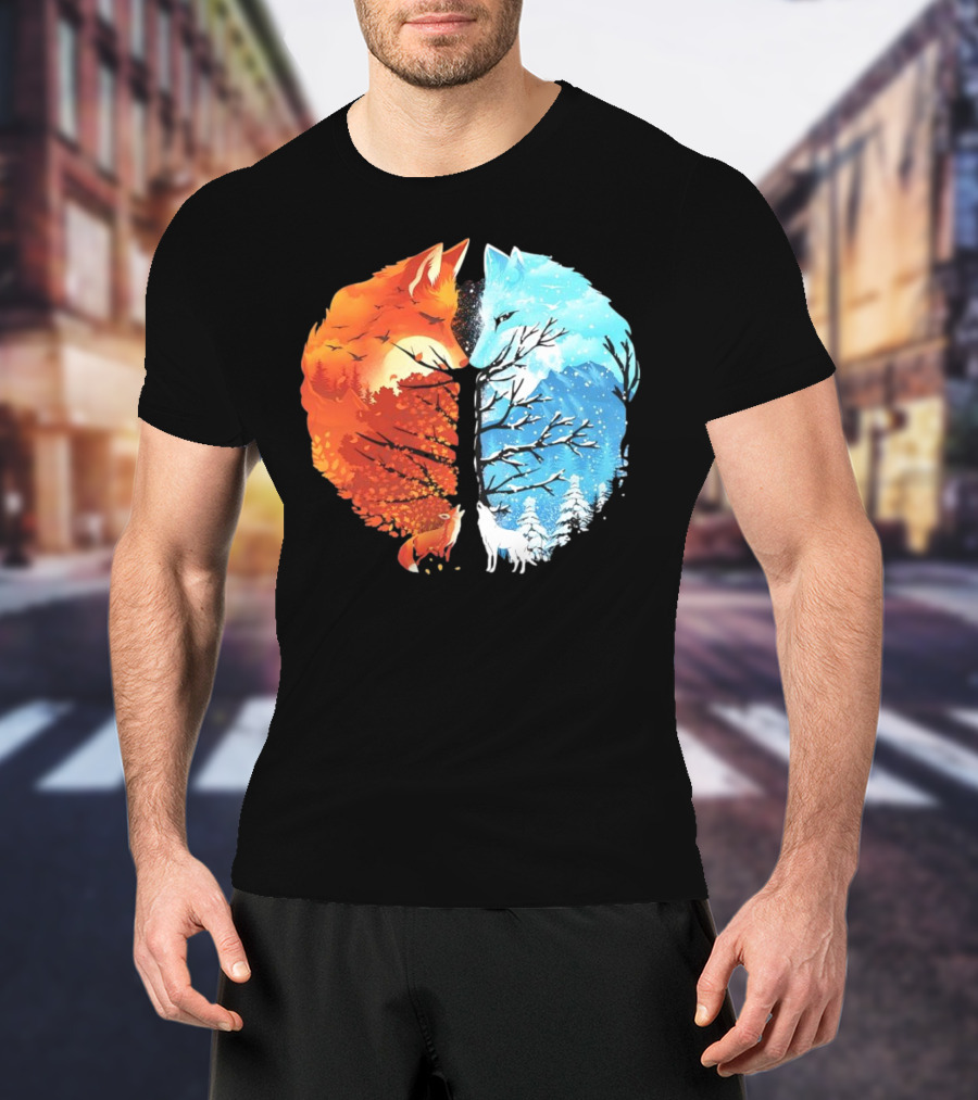 Fire And Ice Fox Dual Seasons Tree T-Shirt