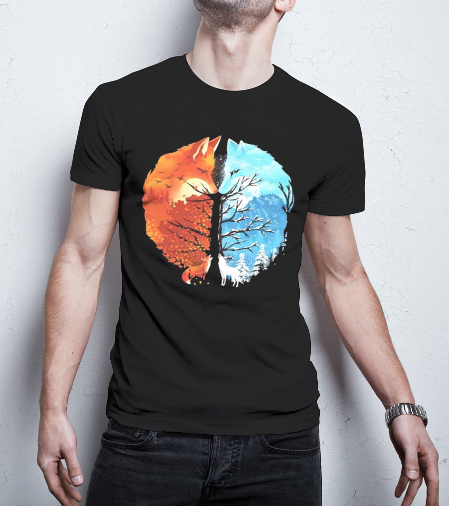 Fire And Ice Fox Dual Seasons Tree T-Shirt