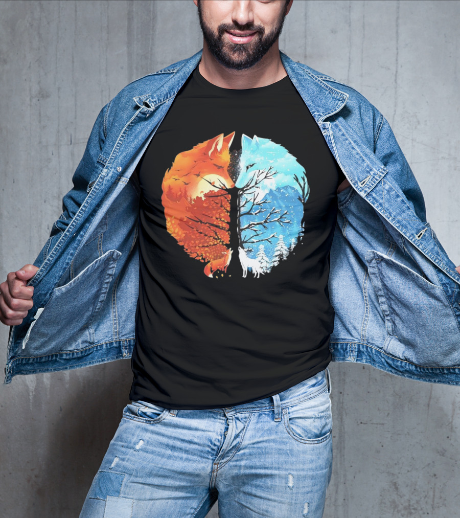 Fire And Ice Fox Dual Seasons Tree T-Shirt