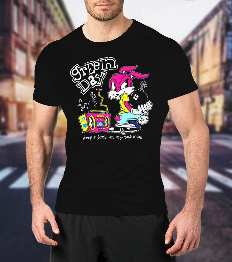 Green Day Drop A Bomb On My Rock ‘N’ Roll Pink Rabbit And Boombox T-Shirt