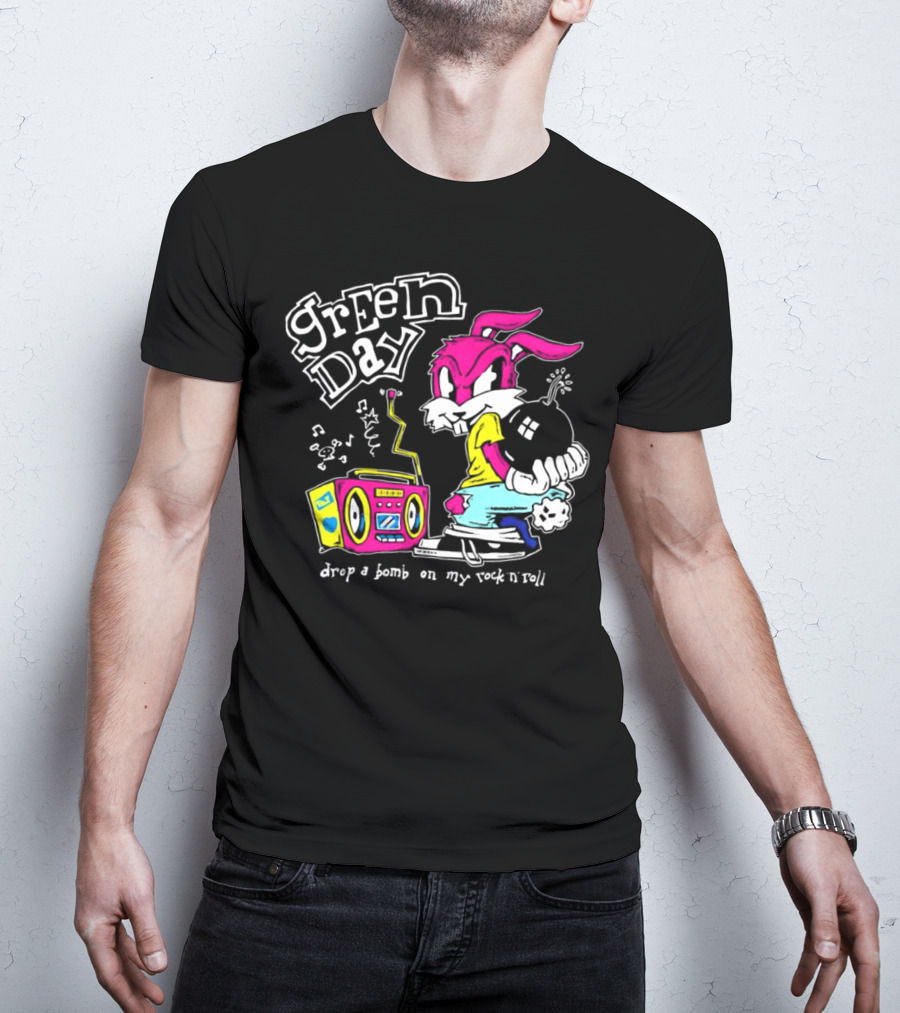 Green Day Drop A Bomb On My Rock ‘N’ Roll Pink Rabbit And Boombox T-Shirt