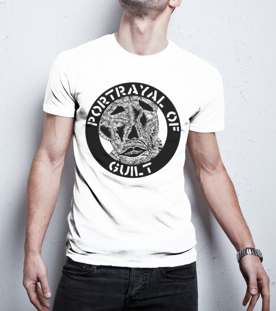 PORTRAYAL OF GUILT Circle Logo With Abstract Face T-Shirt