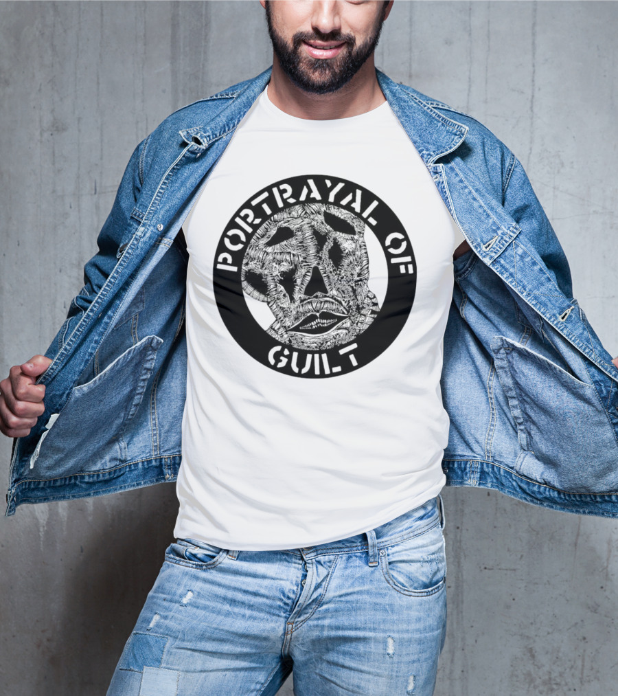 PORTRAYAL OF GUILT Circle Logo With Abstract Face T-Shirt
