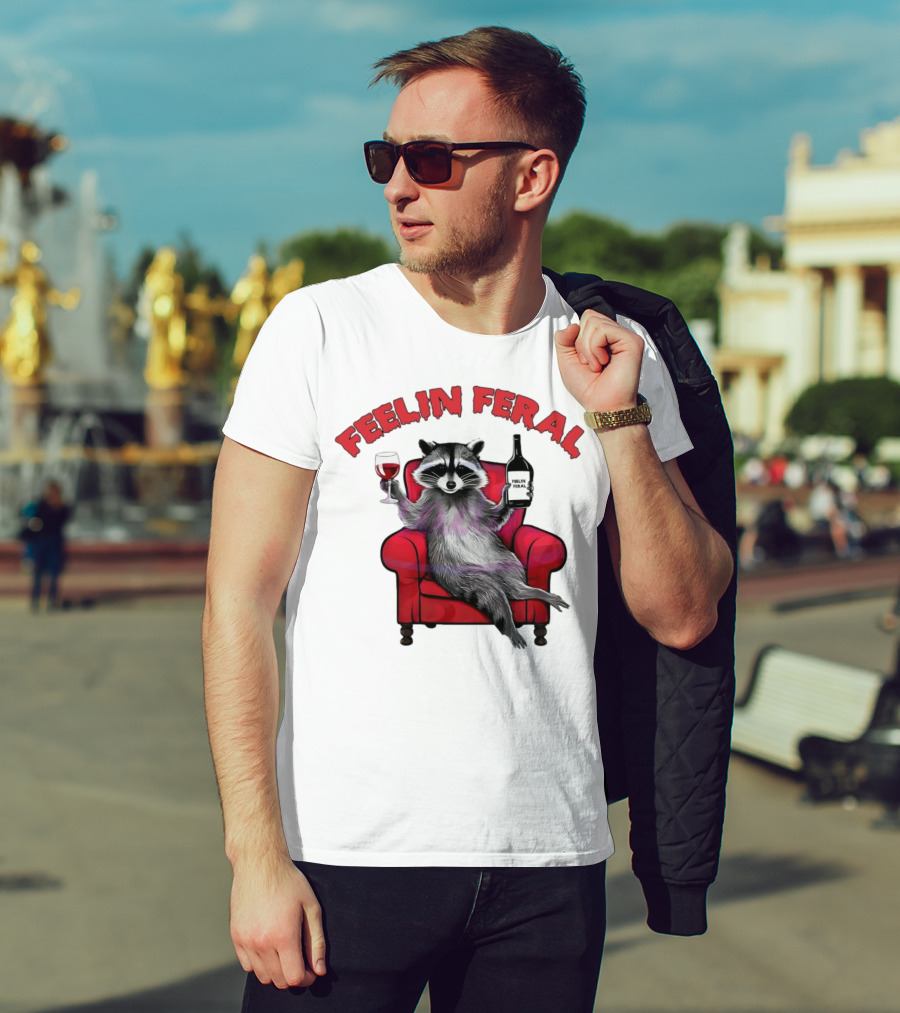 Feelin Feral Raccoon Drinking Wine Sitting On Red Armchair T-Shirt