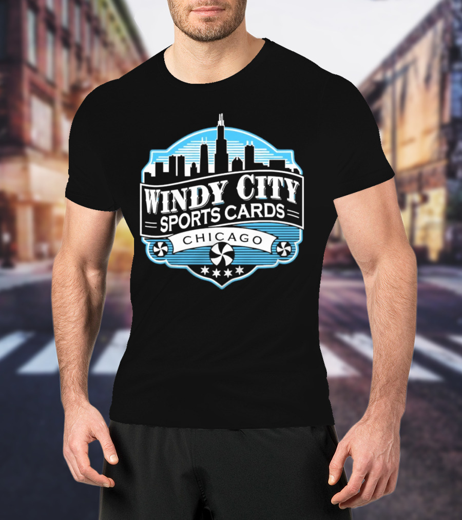 Windy City Sports Cards Chicago Skyline With Stars And Peppermint Swirls T-Shirt