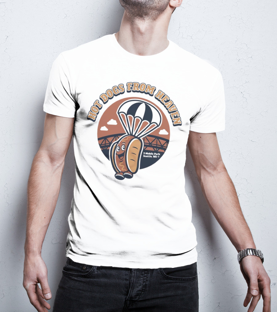 Hot Dogs From Heaven Parachuting Smiling Hot Dog Over Bridge T-Shirt