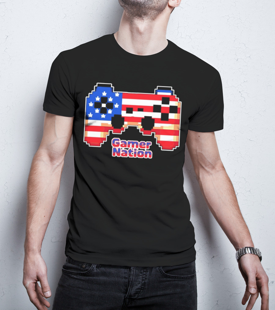 American Flag Pixel Art Gamer Nation Controller T-Shirt