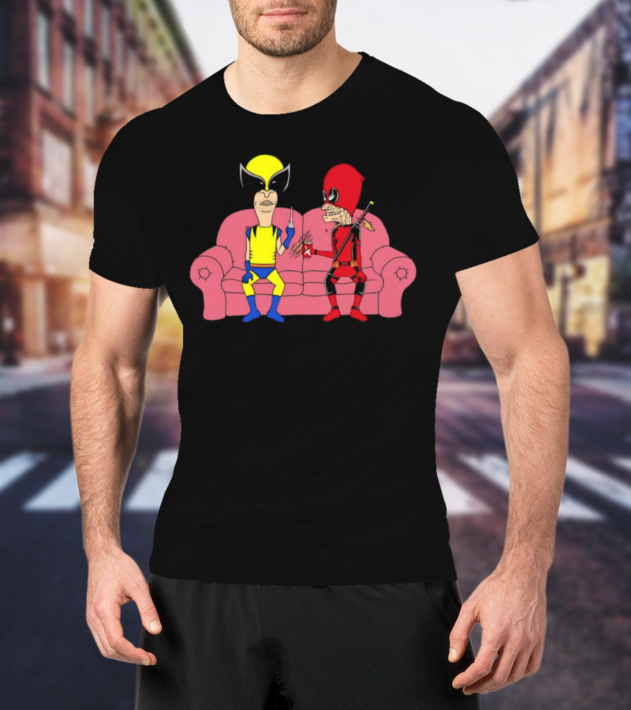 Beavis And Butt-Head X Deadpool And Wolverine Characters Crossover Cartoon Sitting On Couch T-Shirt