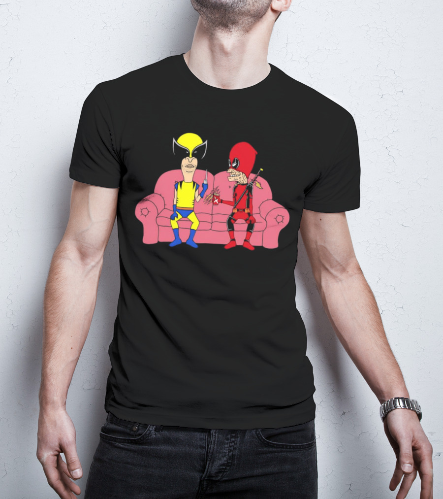 Beavis And Butt-Head X Deadpool And Wolverine Characters Crossover Cartoon Sitting On Couch T-Shirt