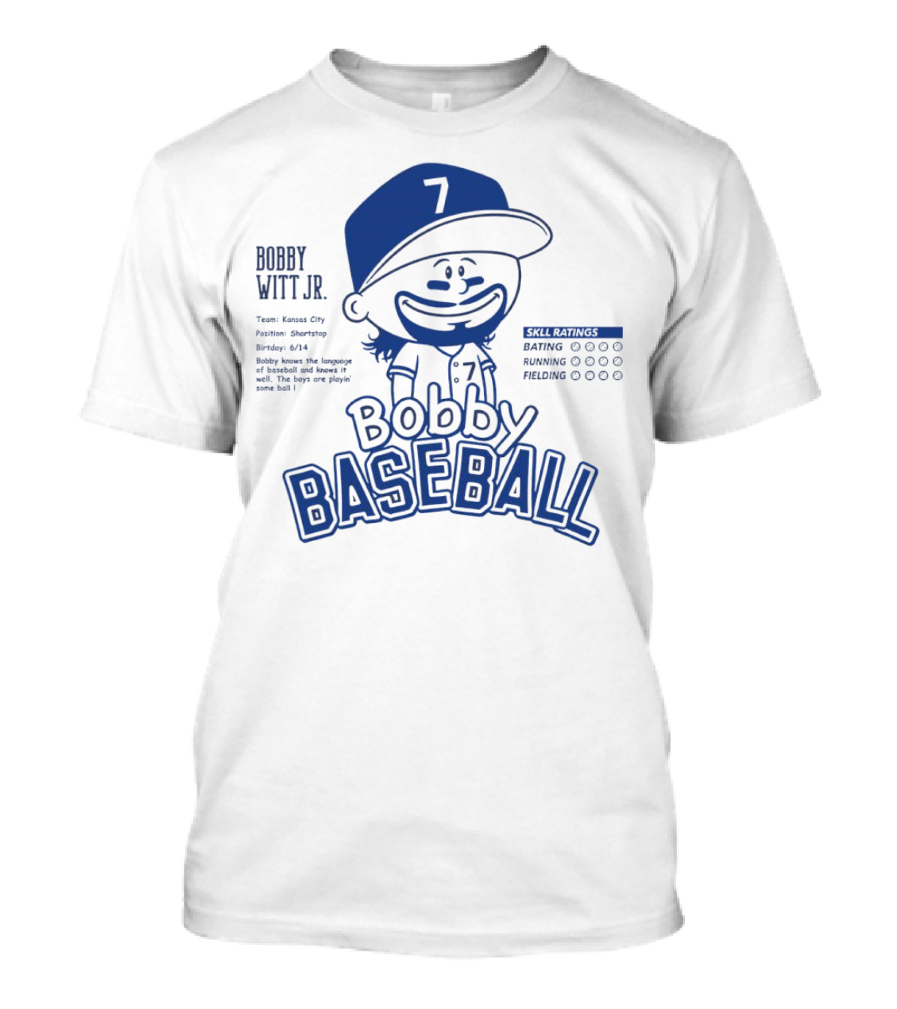 Bobby Witt Jr. Kansas City Bobby Baseball Caricature Skill Ratings T-Shirt