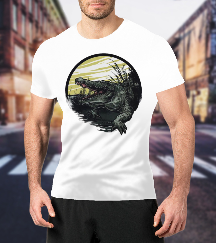 Crocodile Emerging From Water With Yellow Sky And Reeds T-Shirt