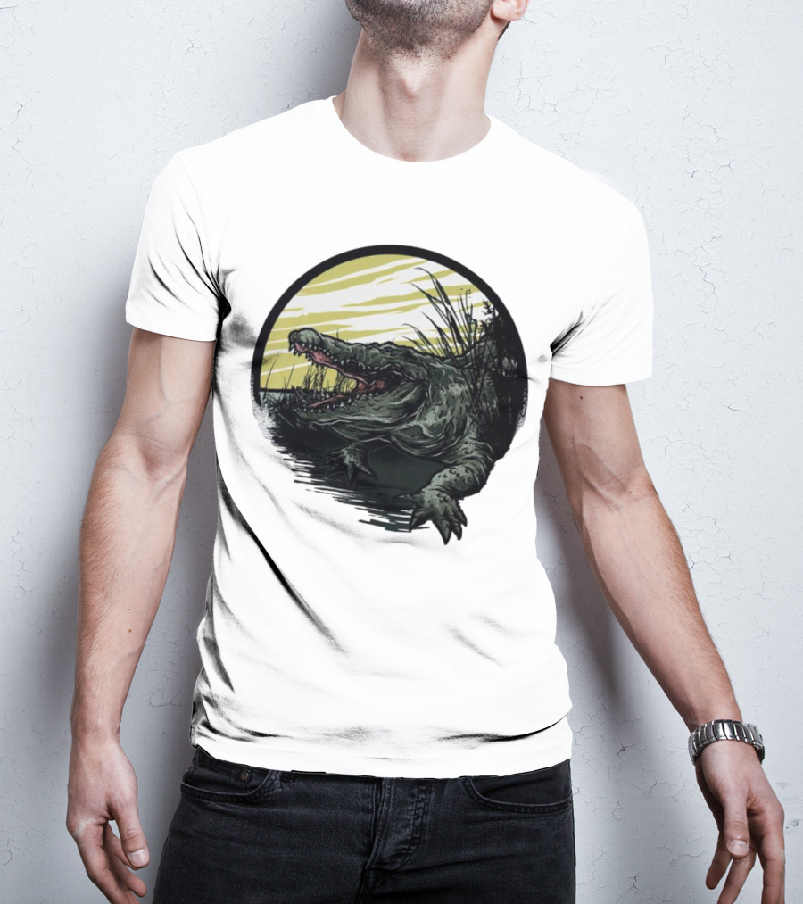 Crocodile Emerging From Water With Yellow Sky And Reeds T-Shirt