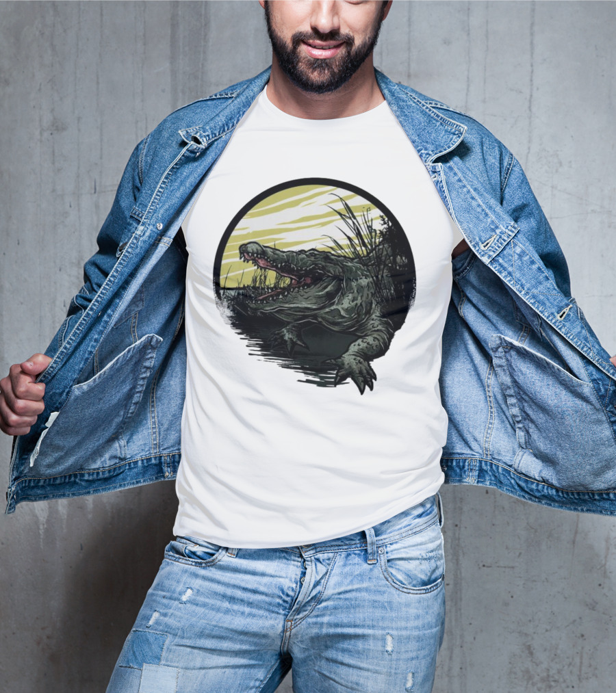 Crocodile Emerging From Water With Yellow Sky And Reeds T-Shirt