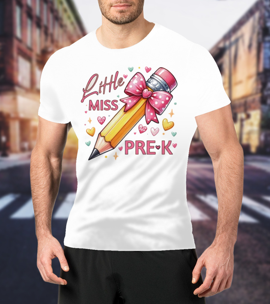 Little Miss Pre-K Pencil With Pink Bow And Hearts T-Shirt