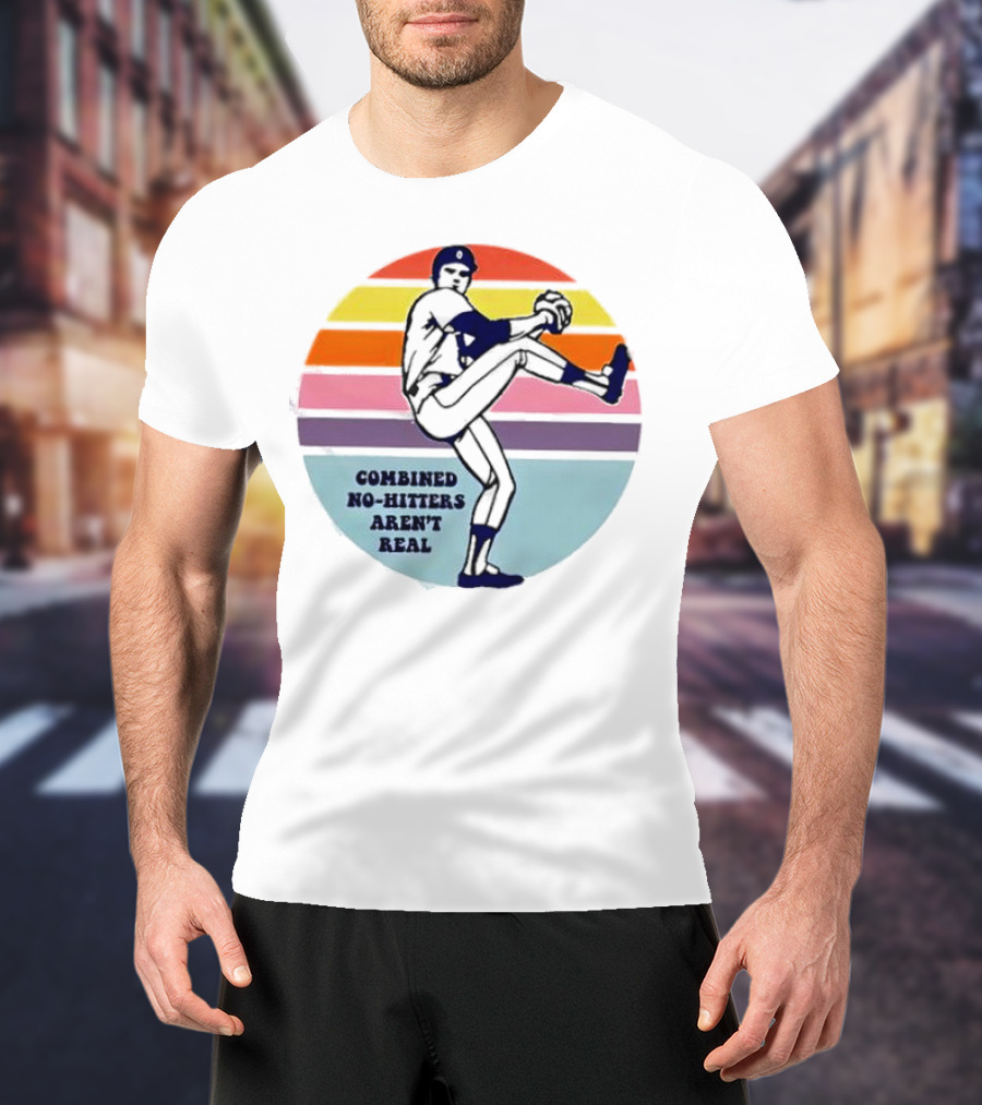 Combined No-Hitters Aren't Real Baseball Pitcher With Colorful Stripes Background T-Shirt