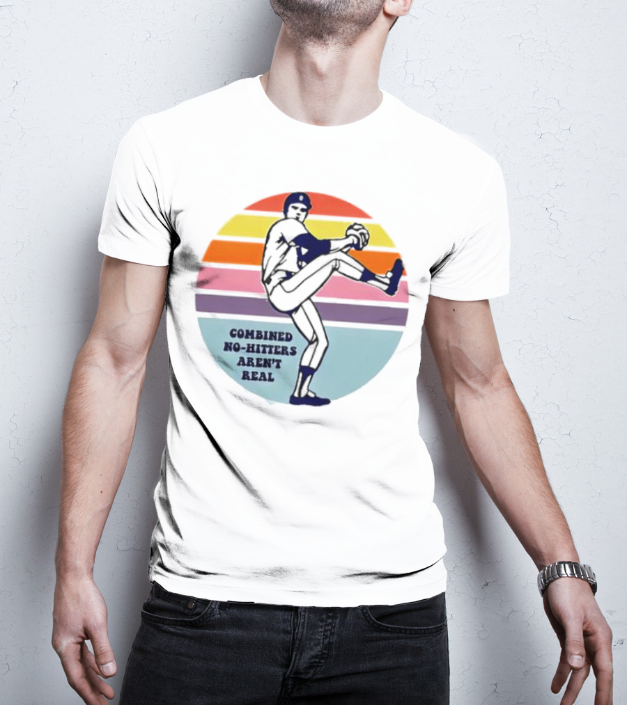Combined No-Hitters Aren't Real Baseball Pitcher With Colorful Stripes Background T-Shirt