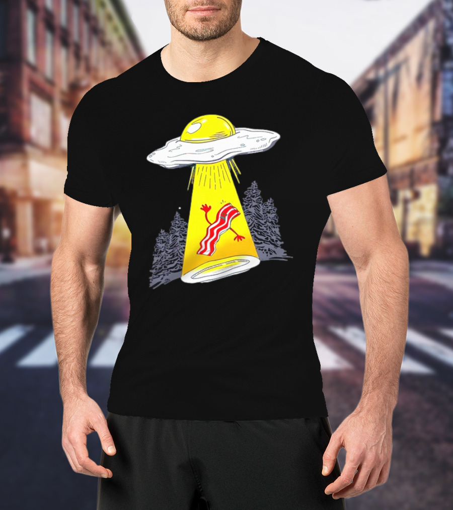 Wonder Nation Alien Breakfast Egg UFO Beaming Up A Walking Bacon Slice In Forest T-Shirt
