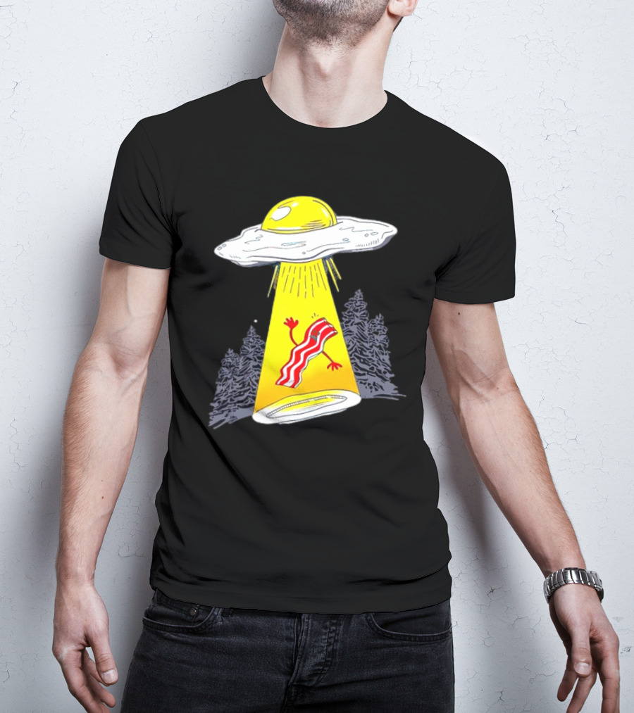 Wonder Nation Alien Breakfast Egg UFO Beaming Up A Walking Bacon Slice In Forest T-Shirt