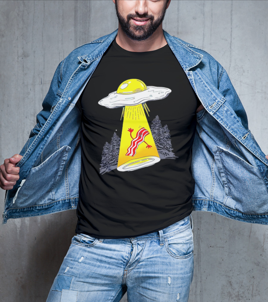 Wonder Nation Alien Breakfast Egg UFO Beaming Up A Walking Bacon Slice In Forest T-Shirt