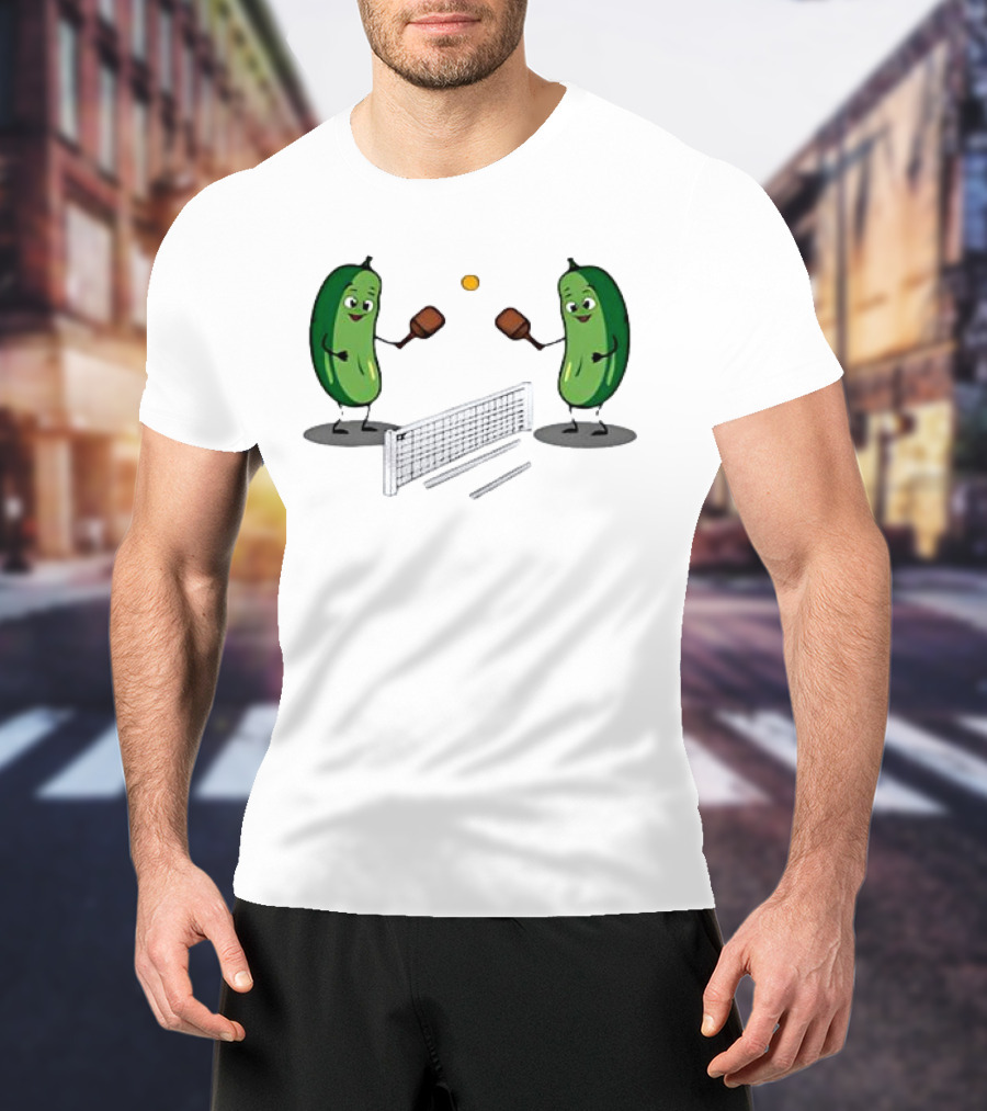 Pickles Playing Pickleball With Smiling Characters And Paddles T-Shirt