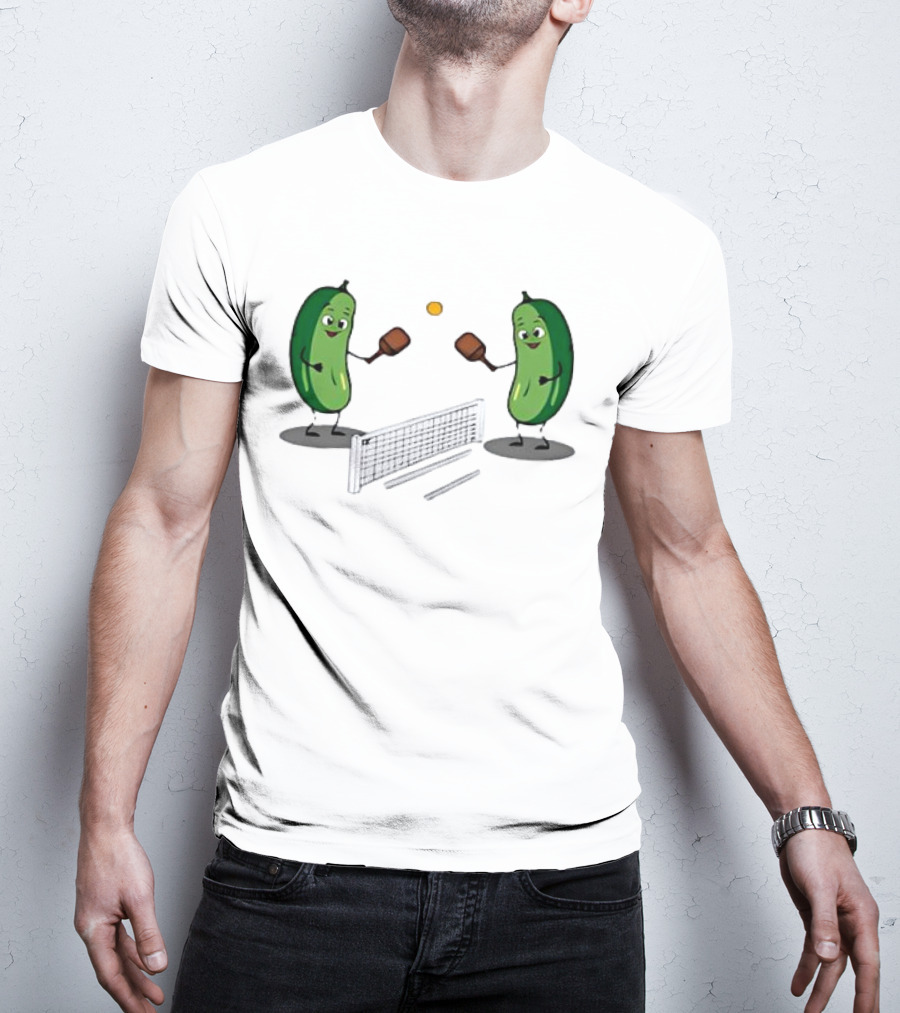 Pickles Playing Pickleball With Smiling Characters And Paddles T-Shirt