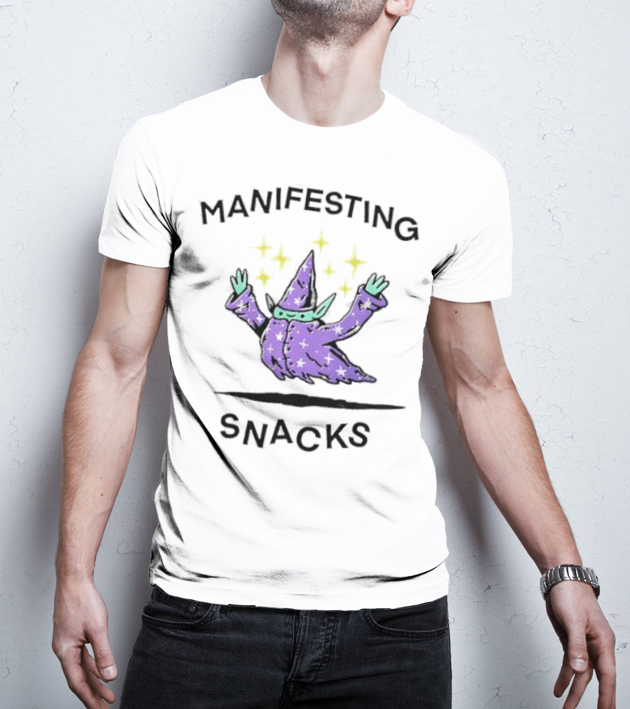 Manifesting Snacks Flying Wizard With Stars T-Shirt
