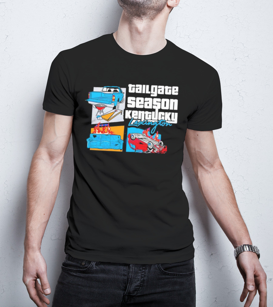 Tailgate Season Kentucky Lexington Truck BBQ Couch Fire Car Flip T-Shirt