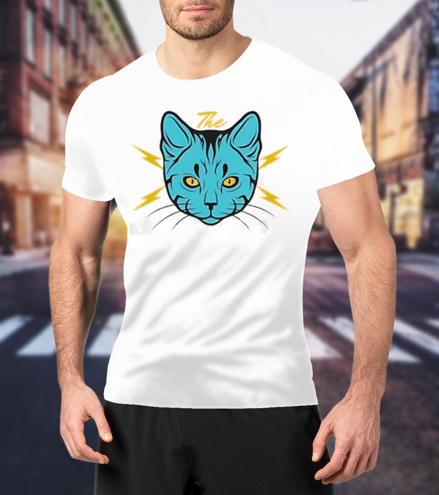The Cat Thunder Studio Blue Cat Head With Yellow Lightning Bolts T-Shirt