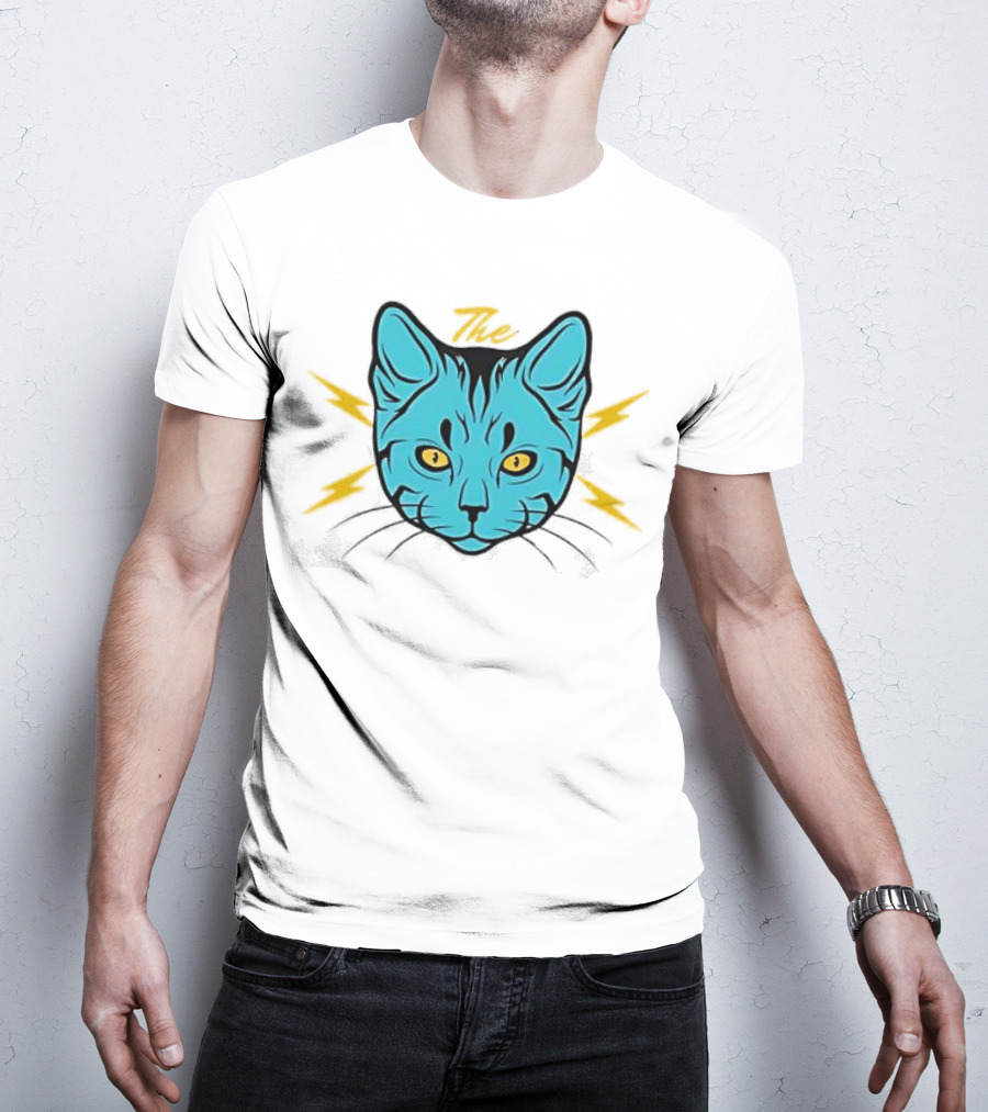 The Cat Thunder Studio Blue Cat Head With Yellow Lightning Bolts T-Shirt