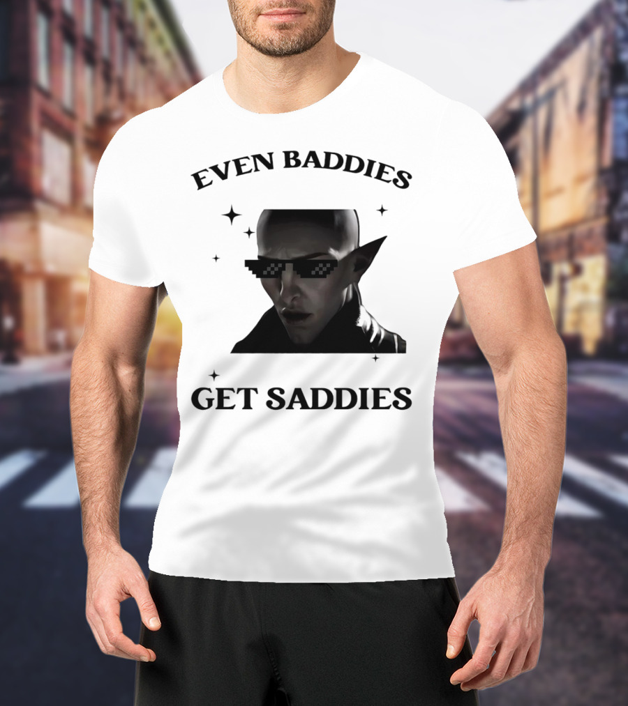 Even Baddies Get Saddies Pixelated Sunglasses Bald Elf Character T-Shirt