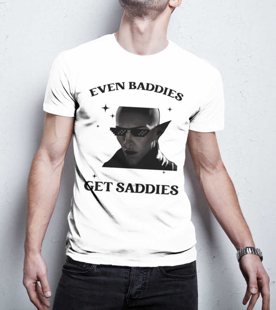 Even Baddies Get Saddies Pixelated Sunglasses Bald Elf Character T-Shirt