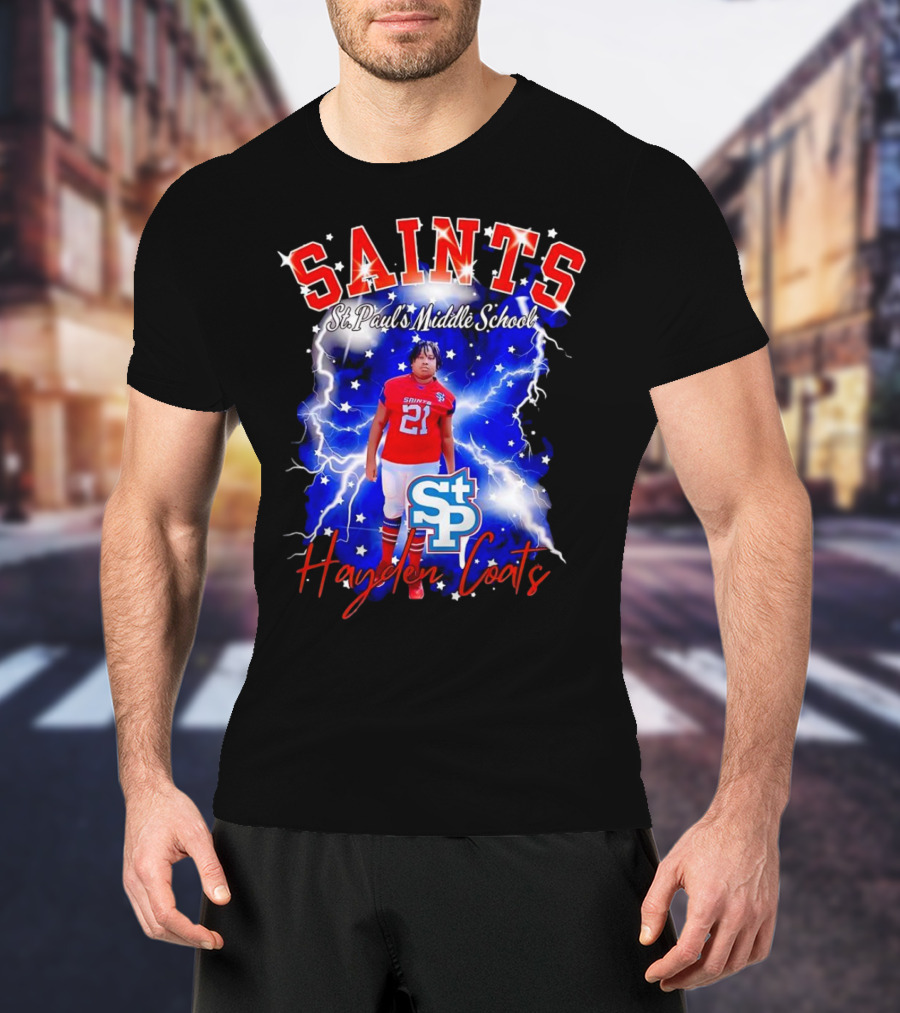 Saints St Paul’s Middle School Football Hayden Coats 21 Lightning Background T-Shirt