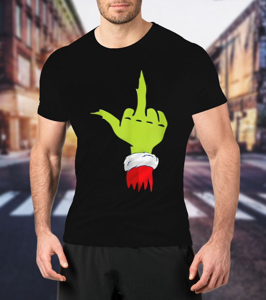 Grinch Middle Finger Merry Christmas Santa Hand Gesture T-Shirt