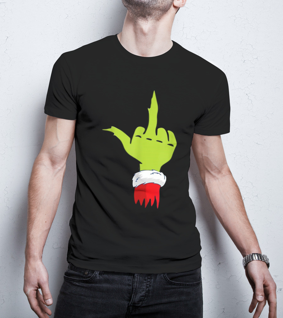 Grinch Middle Finger Merry Christmas Santa Hand Gesture T-Shirt