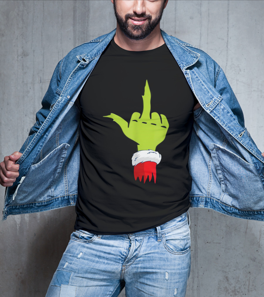 Grinch Middle Finger Merry Christmas Santa Hand Gesture T-Shirt
