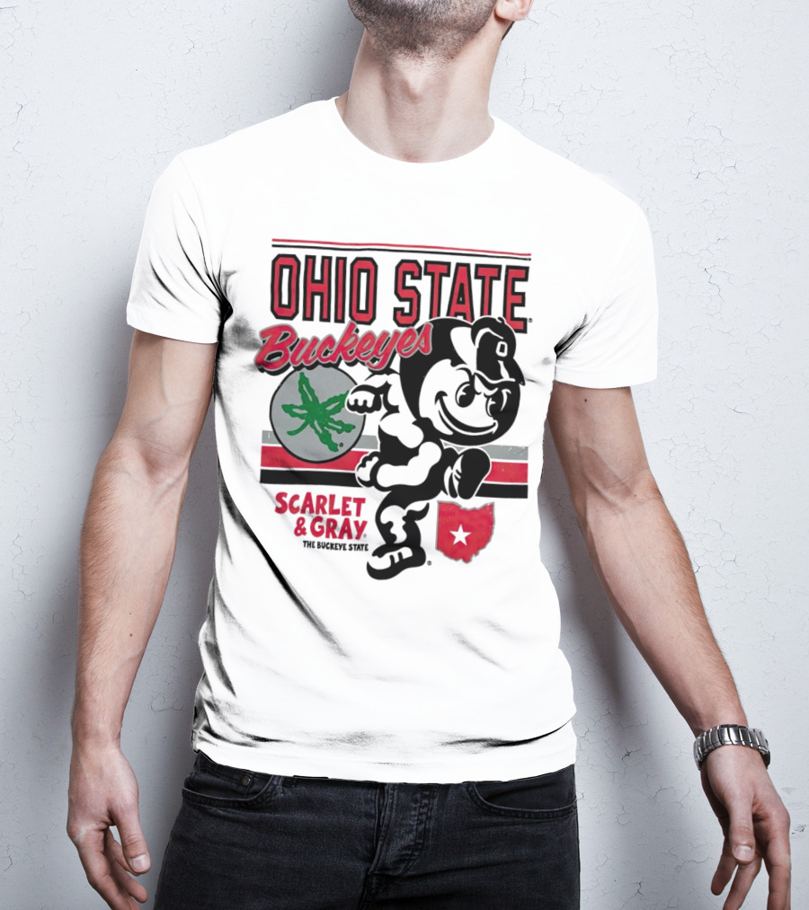 Ohio State Buckeyes Scarlet And Gray Buckeyes State Vintage Style With Script Logo And Buckeye Leaf T-Shirt