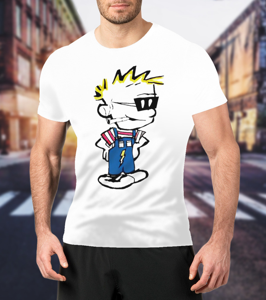 Calvin And Hobbes Spaceman Spiff Lightning Overalls Yellow Hair Sunglasses T-Shirt