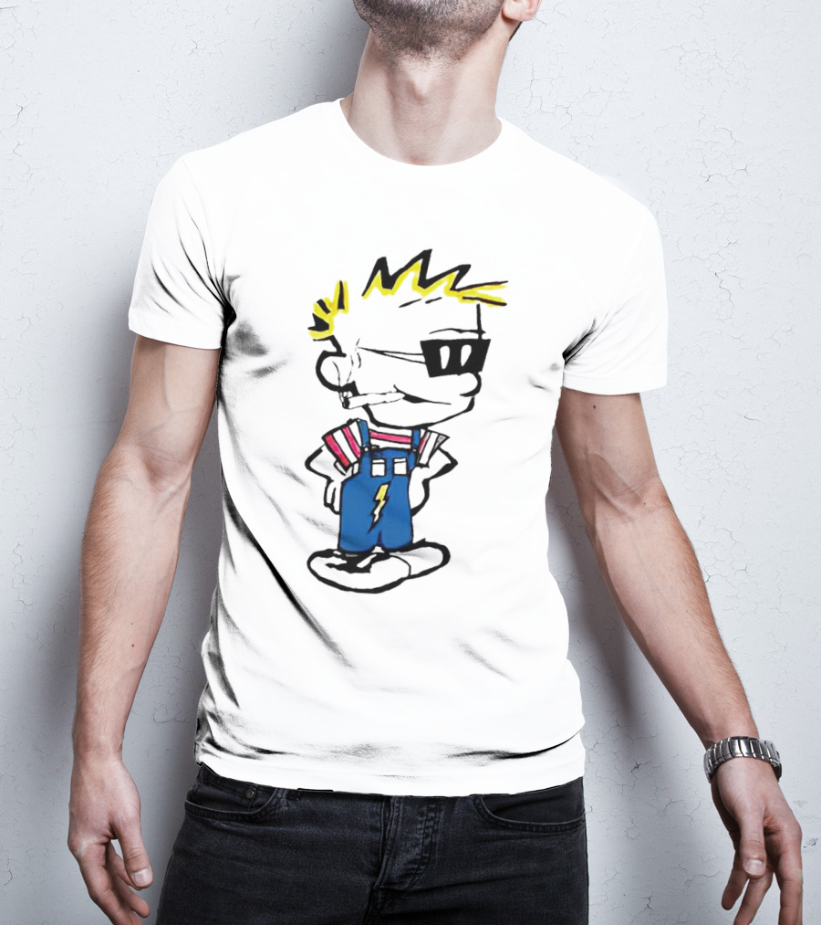 Calvin And Hobbes Spaceman Spiff Lightning Overalls Yellow Hair Sunglasses T-Shirt
