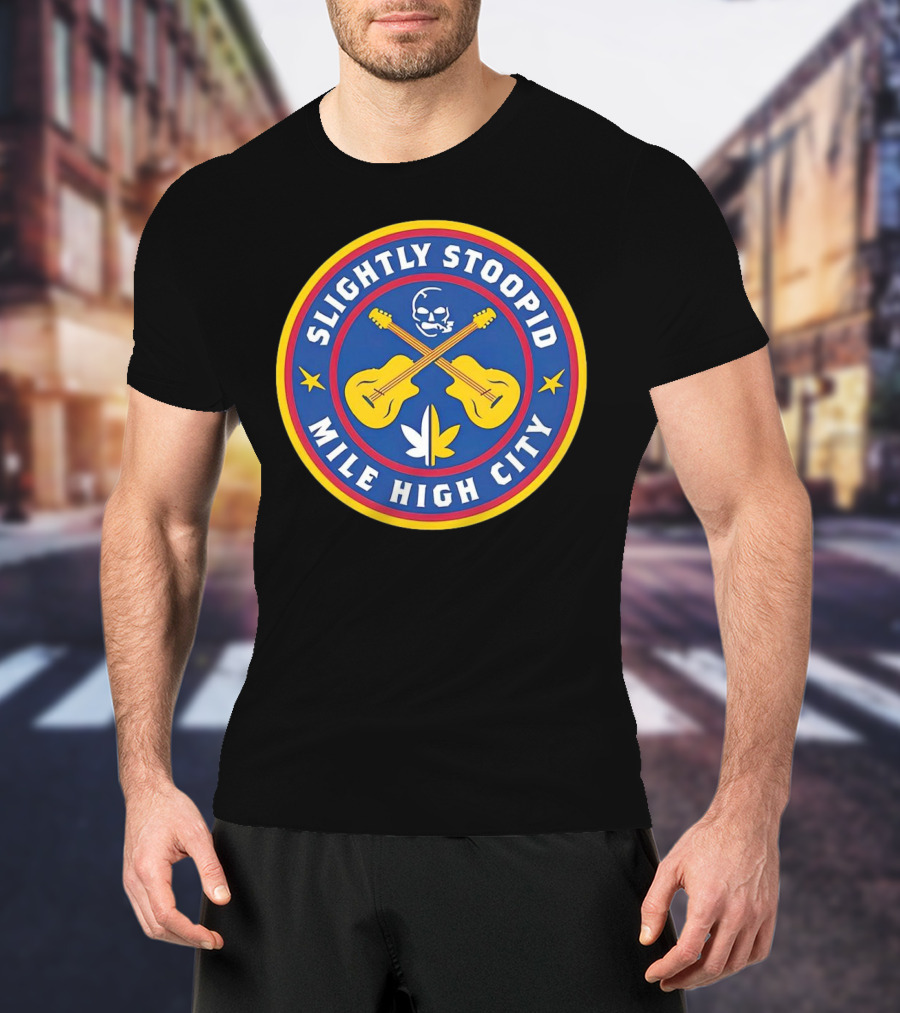 Slightly Stoopid Mile High City Skull Guitars And Leaf Symbol Badge T-Shirt