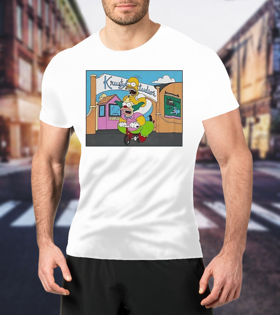 Krustyland Studios With Homer And Krusty The Clown On Bicycle From The Simpsons T-Shirt