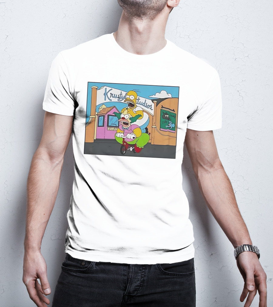 Krustyland Studios With Homer And Krusty The Clown On Bicycle From The Simpsons T-Shirt