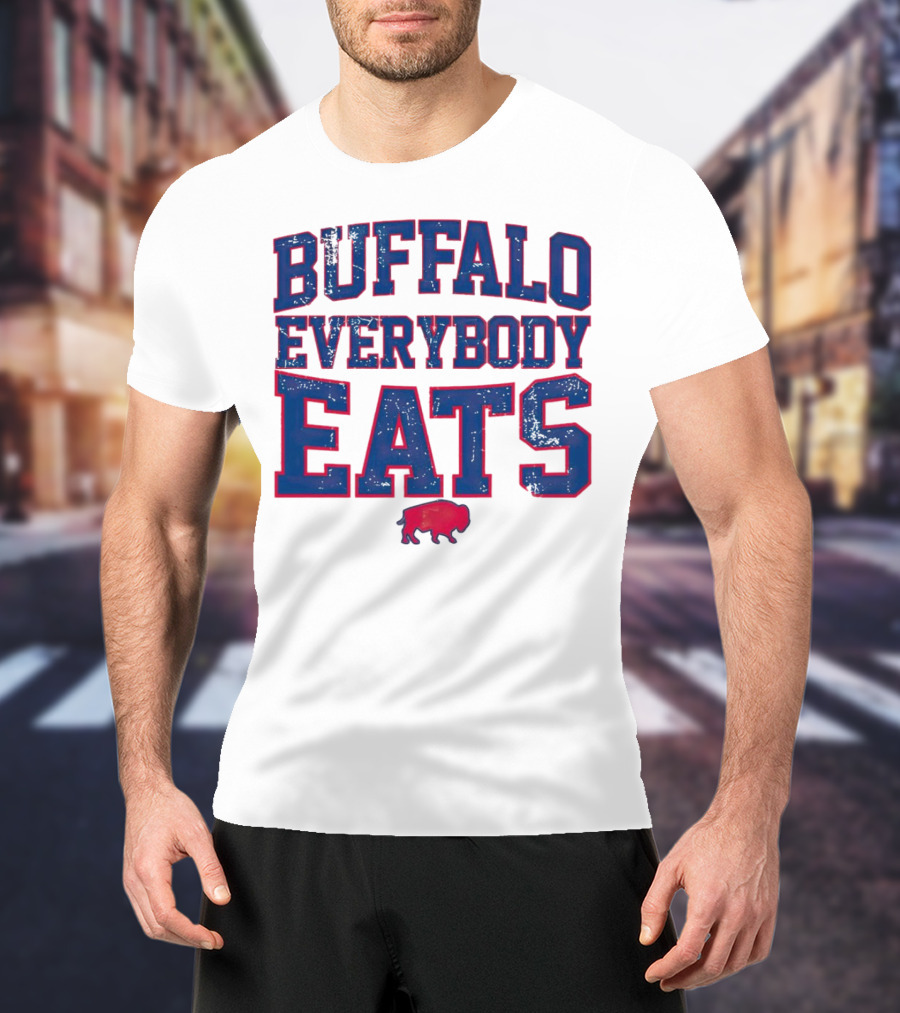 Buffalo Everybody Eats Red Bison Icon Bold Blue Letters T-Shirt