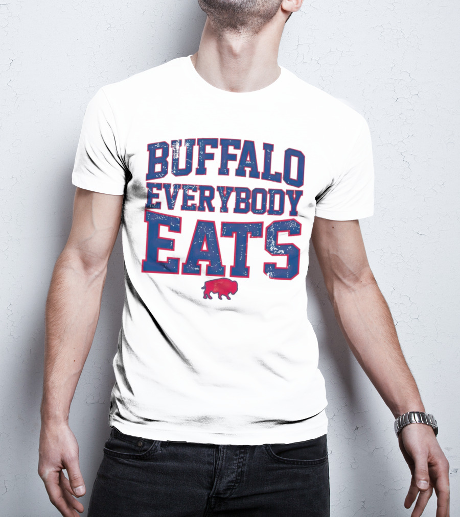 Buffalo Everybody Eats Red Bison Icon Bold Blue Letters T-Shirt