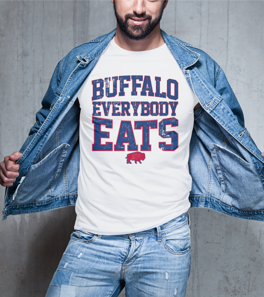 Buffalo Everybody Eats Red Bison Icon Bold Blue Letters T-Shirt
