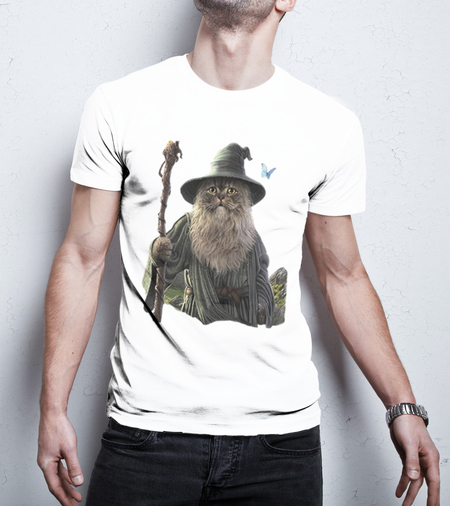 Cat The Mountain Wizard Catdalf Cat With Staff And Hat T-Shirt