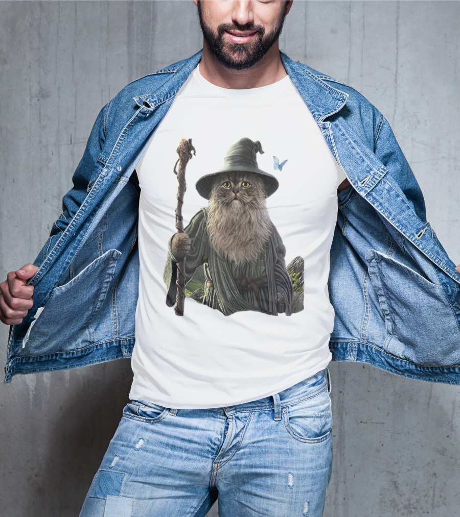 Cat The Mountain Wizard Catdalf Cat With Staff And Hat T-Shirt
