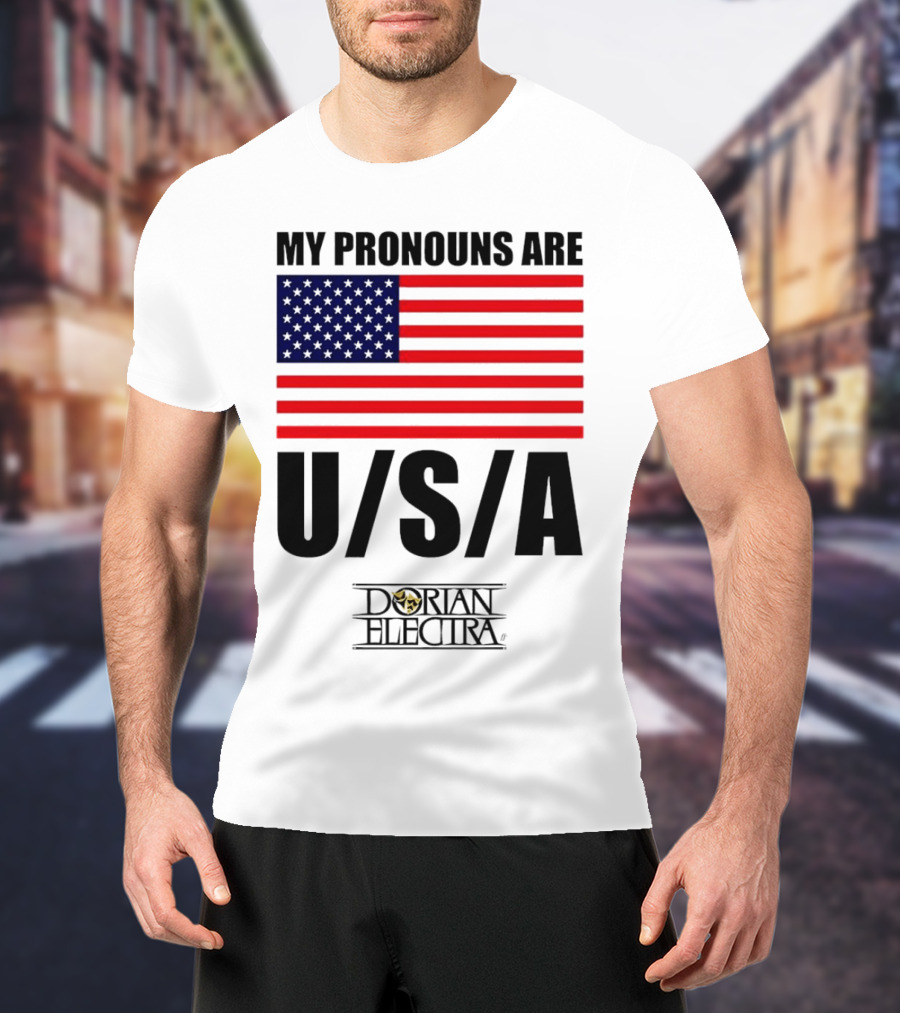My Pronouns Are USA Dorian Electra American Flag T-Shirt