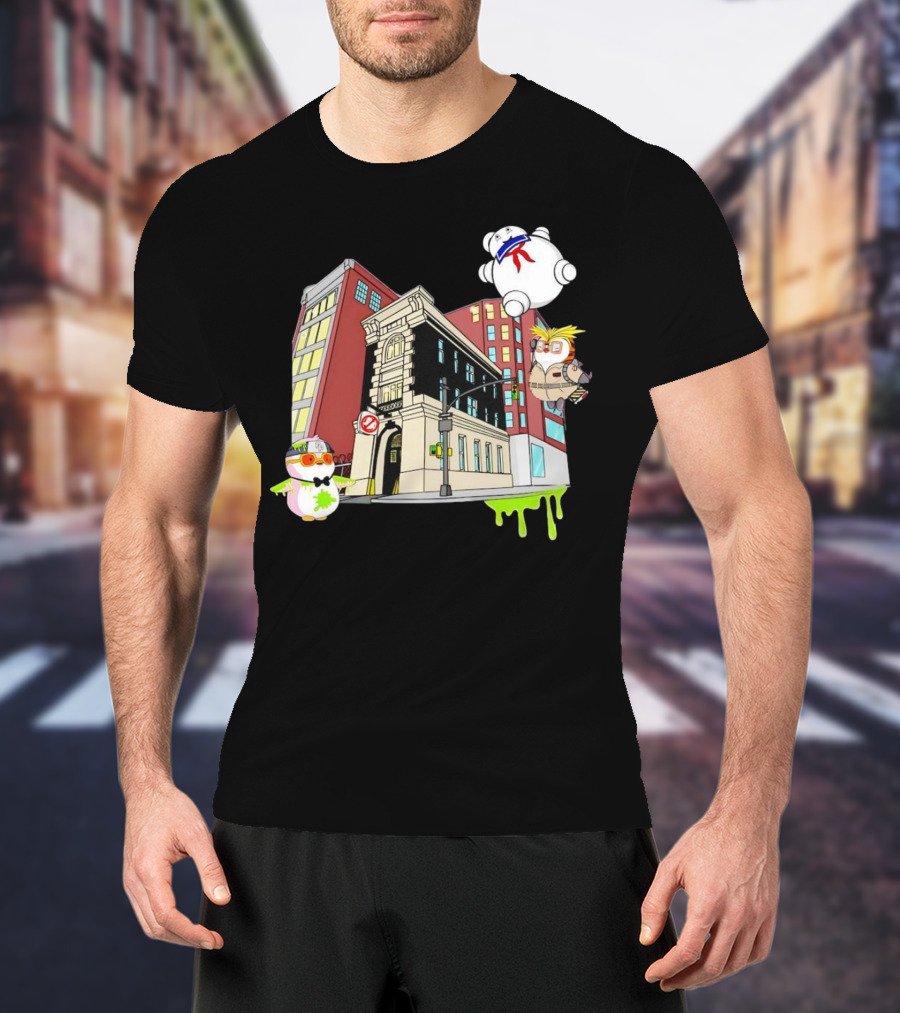 Stay Puft Marshmallow Man Pudgy Penguins Ghostbusters Firehouse Scene T-Shirt