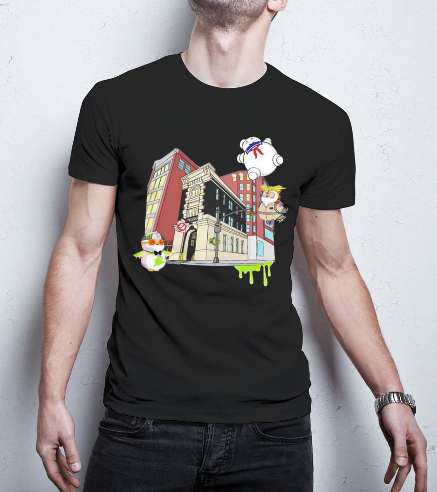 Stay Puft Marshmallow Man Pudgy Penguins Ghostbusters Firehouse Scene T-Shirt