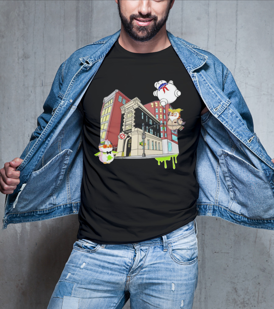 Stay Puft Marshmallow Man Pudgy Penguins Ghostbusters Firehouse Scene T-Shirt